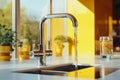 Close-up of modern chrome kitchen faucet with running water, acrylic stone countertop, stainless steel built-in sink Royalty Free Stock Photo