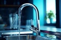 Close-up of modern chrome kitchen faucet with running water, acrylic stone countertop, stainless steel built-in sink Royalty Free Stock Photo