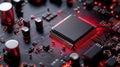 Closeup of a modern circuit board with a black microchip and red highlights Royalty Free Stock Photo
