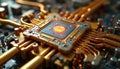 Close-up of modern computer chip. Quantum computing, data processing, ai, neural networks, machine learning tech concept. Royalty Free Stock Photo