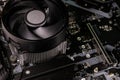 Close-up of modern computer motherboard with installed cpu and cooler. Electronic computer hardware technology Royalty Free Stock Photo