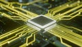 Close-up of a modern computer processor chip with illuminated circuit pathways on a dark background for technology innovation and Royalty Free Stock Photo