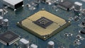Close-up of a modern CPU on a computer motherboard with electronic components Royalty Free Stock Photo
