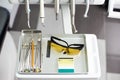 Close-up of modern dental instruments view from above