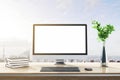 Close up of modern designer desktop with books, empty white computer screen, decorative plant, supplies and bright city and sky