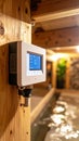 Close-up of a modern digital control panel installed on a wooden beam, smart home technology Royalty Free Stock Photo
