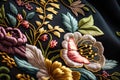 Close up of modern embroidery fabric with colorful flowers over dark background. Macro shot.