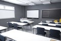 close-up of modern empty classroom with interactive whiteboard and tablets Royalty Free Stock Photo