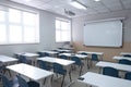 close-up of modern empty classroom with interactive whiteboard and tablets Royalty Free Stock Photo