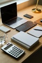 Close-up of a modern financial workspace with inanimate tools and materials. Royalty Free Stock Photo