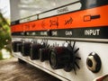 Close-up modern head power amplifier with black knob and control panel. clean and hi-gain distortion for rock. Royalty Free Stock Photo