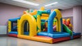 Close up modern inflatable playground for children indoor. Colorful kids zone with safety net for playing. AI Generative Royalty Free Stock Photo