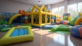 Close up modern inflatable playground for children indoor. Colorful kids zone with safety net for playing. AI Generative Royalty Free Stock Photo