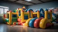 Close up modern inflatable playground for children indoor. Colorful kids zone with safety net for playing. AI Generative Royalty Free Stock Photo