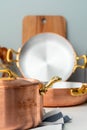 Close up of modern kitchen interior with copper cookware Royalty Free Stock Photo
