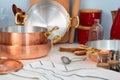 Close up of modern kitchen interior with copper cookware Royalty Free Stock Photo