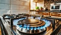 Close-up of a Modern Kitchen Stove with Blue Flames Burning - Generative Ai Royalty Free Stock Photo
