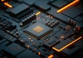 Close-up of a modern microprocessor on a circuit board with glowing elements