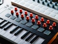 Close-up. Modern midi keyboard. Professional musical instrument for recording studio, music studio. Sound work, podcast,