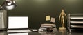 Close-up, Modern office tabletop with laptop mockup and office supplies