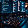 Close-up of a modern programming setup with dual monitors showing colorful code and an illuminated keyboard, symbolizing Royalty Free Stock Photo