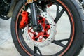 Close up of modern red motorbike brake background. New motorcycl Royalty Free Stock Photo