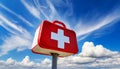 Close-up of a Red and White First Aid Sign on Blue sky with Clouds - Generative Ai Royalty Free Stock Photo