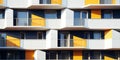 Close up of a modern residential building facade sleek design, clean lines, and advanced materials, creating a