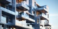 Close up of a modern residential building facade sleek design, clean lines, and advanced materials, creating a