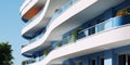 Close up of a modern residential building facade sleek design, clean lines, and advanced materials, creating a