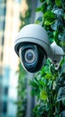 Close-up of a modern security camera mounted on the exterior of a building, surrounded by greenery
