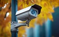 Close-up of a modern security camera surveilling an autumn park. Generative AI illustration