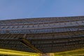 Close-up of modern steel roof. Urban city building architecture.