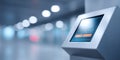 Close-up of a modern touchscreen kiosk interface in a blurred indoor environment with soft lighting and bokeh background Royalty Free Stock Photo