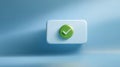 Minimalistic 3D illustration of a white rectangular button with a green circular checkmark symbol on a soft blue background Royalty Free Stock Photo