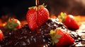 A close-up of molten Couverture Chocolate being poured over a mound of fresh strawberries