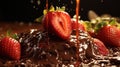 A close-up of molten Couverture Chocolate being poured over a mound of fresh strawberries