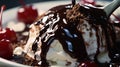 A close-up of molten hot fudge being drizzled over a scoop of vanilla ice cream in Royalty Free Stock Photo