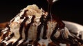 A close-up of molten hot fudge being drizzled over a scoop of vanilla ice cream in Royalty Free Stock Photo
