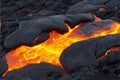 Close-up of molten lava texture with bright, fiery contrast, capturing the intense and dynamic flow of volcanic magma