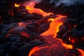 close up of molten magma lava flowing from an active volcano