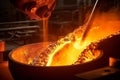 Close-up of molten steel being poured from a ladle, capturing the intense heat and fluidity of the metal. Generative AI