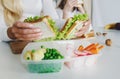 Mom hands preparing school lunch her daughter home kitchen Royalty Free Stock Photo