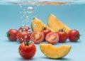 the moment when cherry tomato and mango slice fall into water. Royalty Free Stock Photo