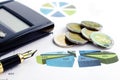 Close up of money coins and fountain pen and calculator for business finance concept Royalty Free Stock Photo