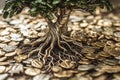 close-up of money tree roots in coins