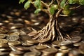 close-up of money tree roots in coins