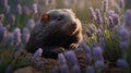 Adorable Dark-furred Rodent Among Lavender Flowers at Sunset Royalty Free Stock Photo