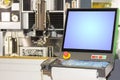Close up monitor and control panel of high technology and precision mold cutting by cnc wire cut machine at factory Royalty Free Stock Photo