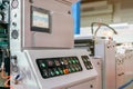 Close up monitor and many push button of control panel for modern and high technology of automatic publication or printing machine